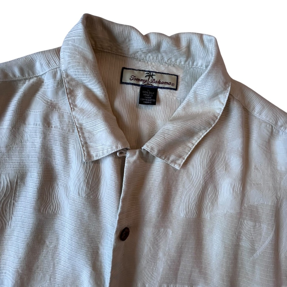 Tommy Bahama Mens Large Silk Camp Shirt Cream Tropical Jacquard Short Sleeve